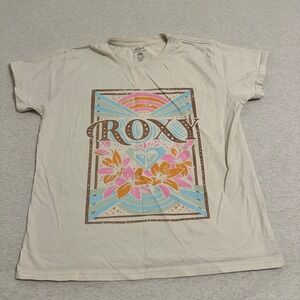Roxy Womens Graphic T-Shirt Cream Cotton Floral Surf Logo Tee Medium